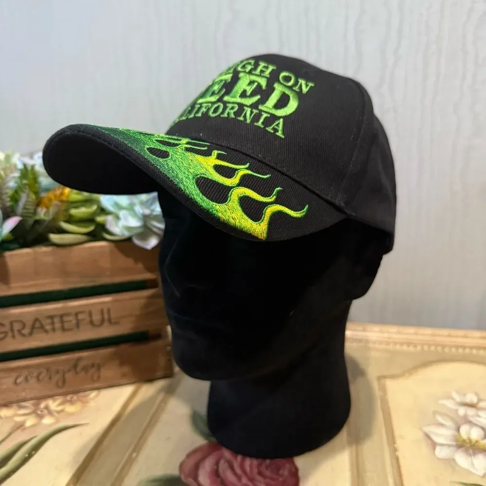 High On Weed California Adjustable Embroidered Cap Black Green Flames Unisex OS